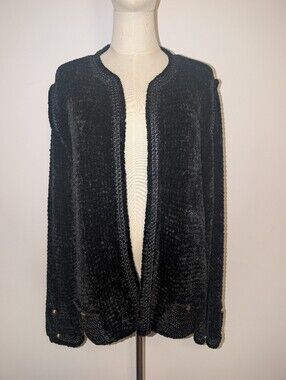 Vintage Black Open-Front Plush Sweater Cardigan With Gold Detail